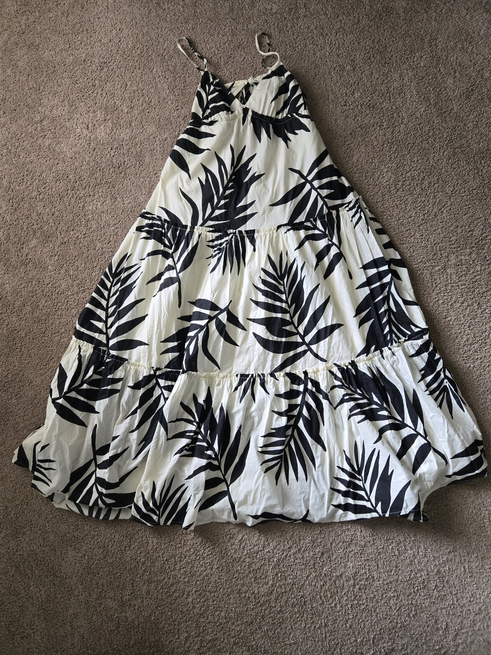 GB Black & Cream Botanical Leaf Cotton Tiered Maxi Dress L